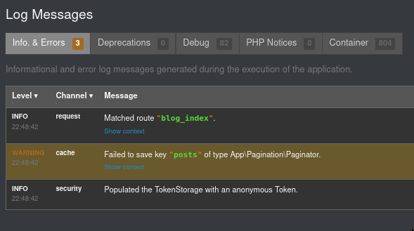 Symfony logs showing data not cached