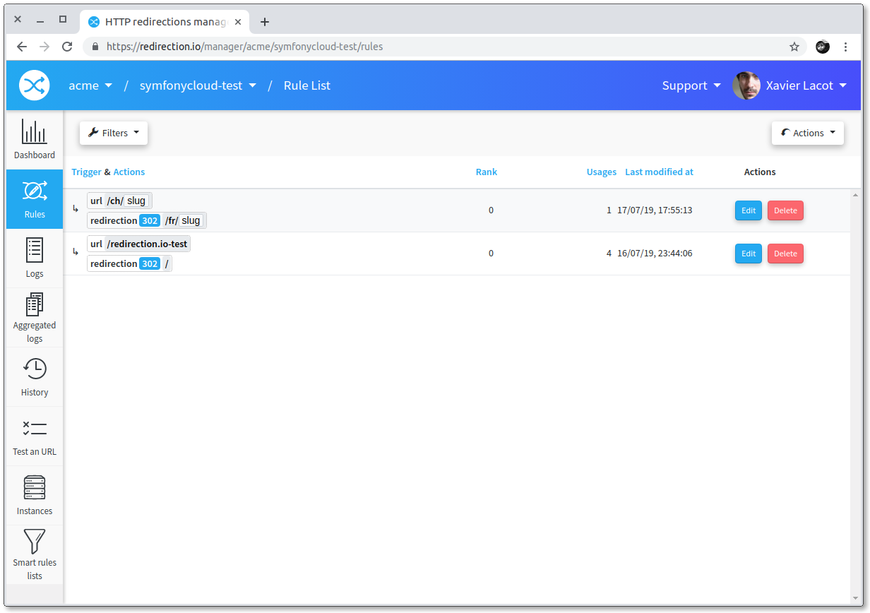 Screencapture of redirection.io's rules list