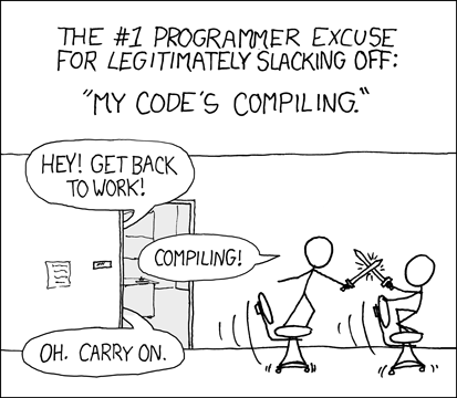 XKCD 303 - développeurs en train de jouer sur des chaises en prétextant que ça compile